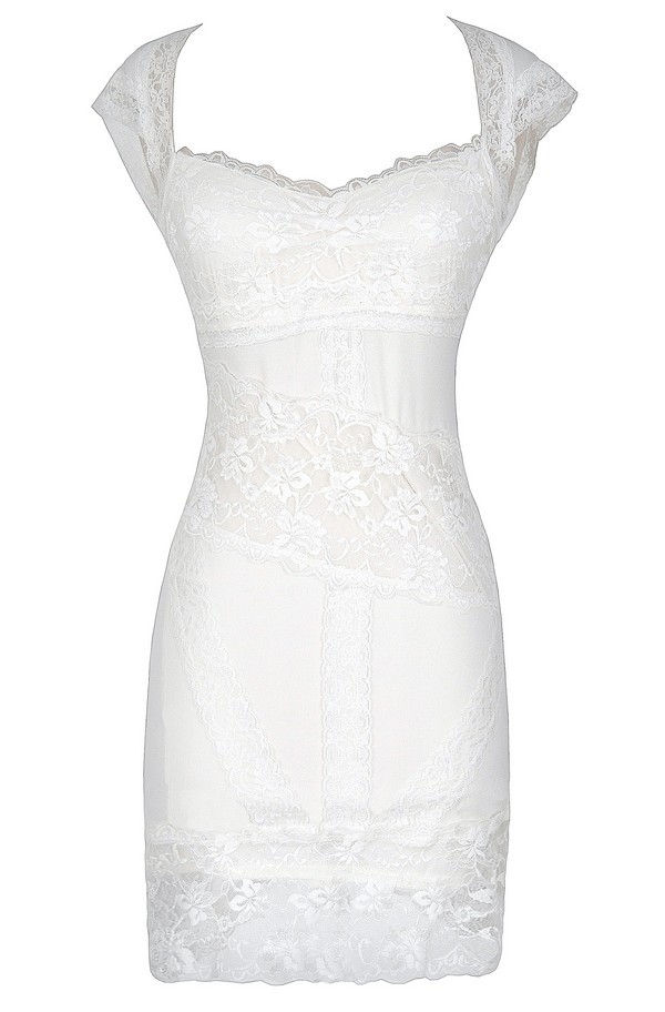 4610015 White Open Shoulder Lace Dress